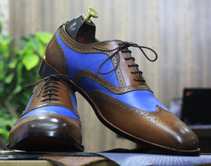  Men's Brown Blue Leather Dress Shoes, Lace Up Shoes, Wing Tip Style Shoes