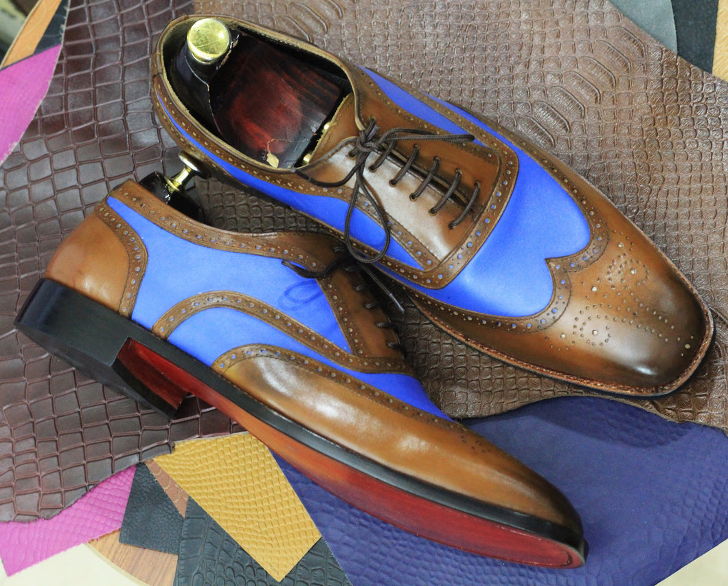 Men's Brown Blue Leather Dress Shoes, Lace Up Shoes, Wing Tip Style Shoes