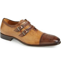 Load image into Gallery viewer, Men&#39;s Double Monk Straps Shoes, Beige Brown Handmade Designer Cap Toe Brogue Shoes
