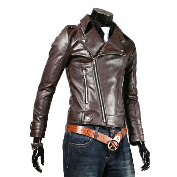 Men's Fascinating Brown Biker Leather Jacket Slim Fit