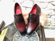 Load image into Gallery viewer, Men&#39;s Handmade 2 Tone Burgundy Black Leather formal shoes, Men&#39;s Monk Strap Shoes
