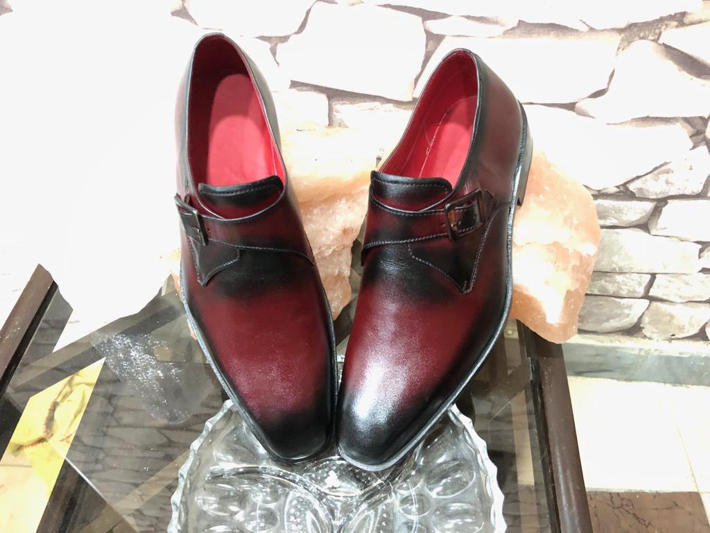 Men's Handmade 2 Tone Burgundy Black Leather formal shoes, Men's Monk Strap Shoes