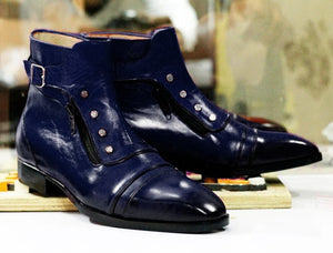 Men's Handmade Ankle High Blue Leather With Buckle Style Boot, Cap Toe Boot