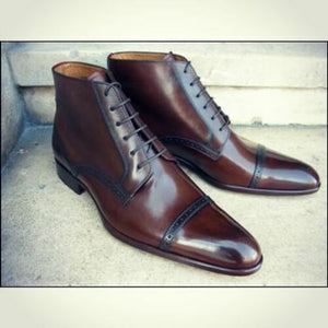 Men's Handmade Ankle High Brown Cap Toe Leather Lace Up Boot