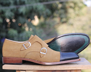 Men's Handmade Beige Black Cap Toe Double Monk Strap Leather Suede Shoes