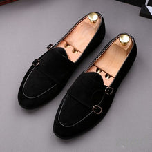 Load image into Gallery viewer, Men&#39;s Handmade Black Suede Loafers shoes, Men Dress Slip On Double Monk Strap Shoes

