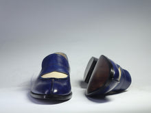 Load image into Gallery viewer, Men&#39;s Handmade Blue White Split Toe Loafers Leather Shoes
