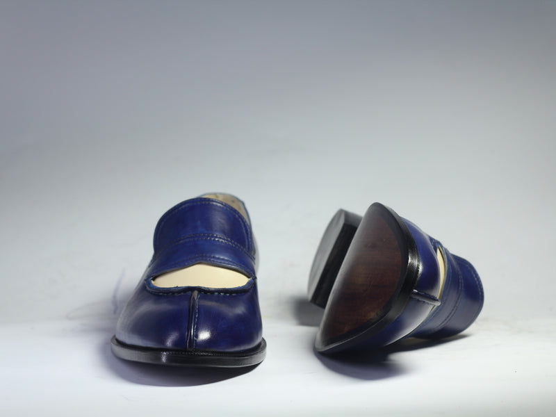Men's Handmade Blue White Split Toe Loafers Leather Shoes