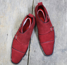Load image into Gallery viewer, Men&#39;s Handmade Maroon Cap Toe Double Monk Strap Suede Shoes 

