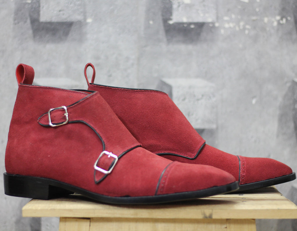 Men's Handmade Maroon Cap Toe Double Monk Strap Suede Shoes 