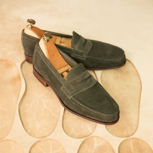 Men's Handmade Olive Green Penny Loafer Suede Oxford Dress Shoes