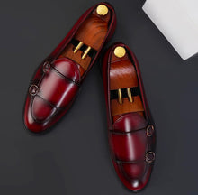 Load image into Gallery viewer, Men&#39;s Handmade Pure Burgundy Leather Shoes, Round Toe With Double Buckle Style
