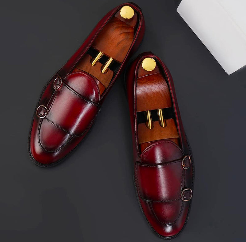 Men's Handmade Pure Burgundy Leather Shoes, Round Toe With Double Buckle Style