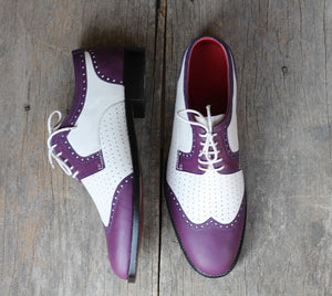 Men's Handmade Purple White Leather formal shoes, Men's Wing Tip Lace Up Shoes
