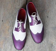 Load image into Gallery viewer, Men&#39;s Handmade Purple White Leather formal shoes, Men&#39;s Wing Tip Lace Up Shoes
