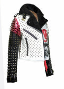 Men's Handmade Victor Luna White Black Studded Rock Punk Genuine Leather Jacket