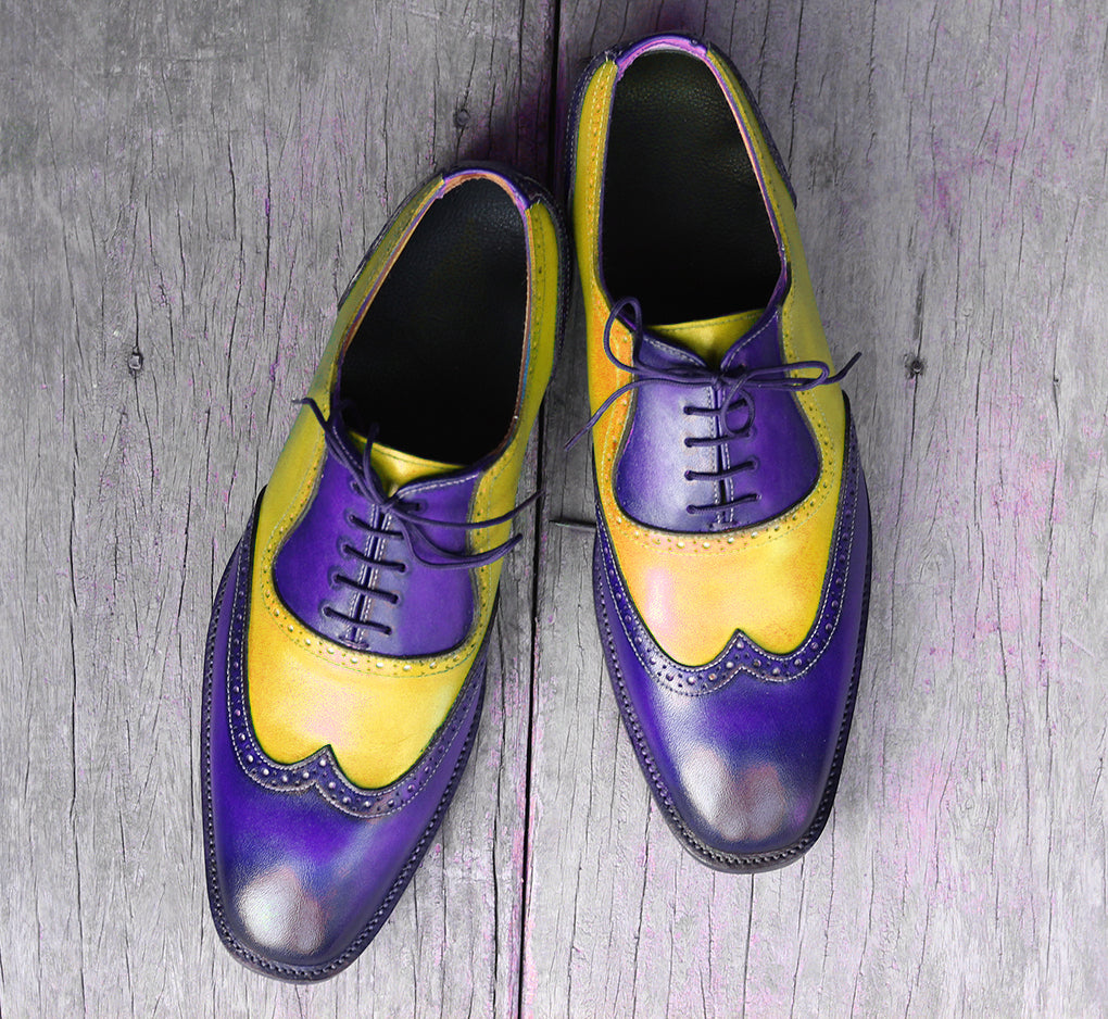 Men's Handmade Yellow Blue Wing Tip Leather Lace Up Shoes For Men's