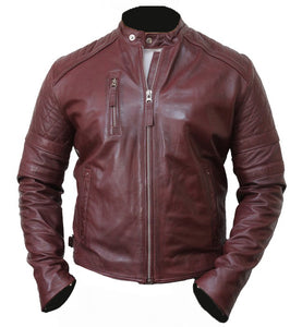 Men's Leather Biker Jacket Burgundy Color Mens