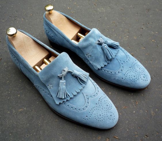 Creep Mor Surrey Men's Sky Blue Tassel Loafer Wing Tip Brogue Toe Genuine Suede Leather Shoes  | leathersguru