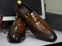 Load image into Gallery viewer, Men&#39;s Stylish Alligator Texture Handmade Penny Loafer  Shoes , Men&#39;s Brown Shoes
