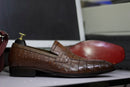 Men's Stylish Alligator Texture Handmade Penny Loafer  Shoes , Men's Brown Shoes