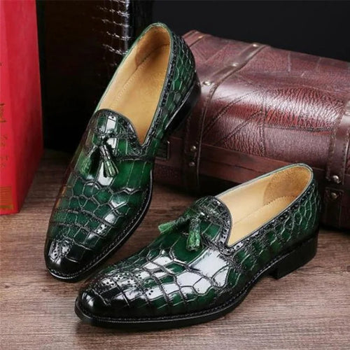 Men's Stylish Loafer Tussle Shoes, Green Alligator Texture Handmade Shoes