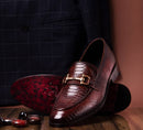 Men's Burgundy Stylish Python Leather Handmade Loafer Shoes