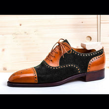 Load image into Gallery viewer, Men&#39;s Tan Black Lace Up Leather Suede Stylish Shoes Men Dress Formal Cap Toe Brogue Shoes
