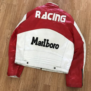 Men's Two Tone Red White Marl Boro Racing Motorcycle Michelin Genuine Leather Jacket