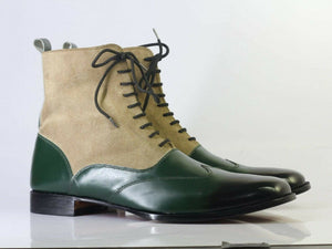 Bespoke Beige Green Wing Tip Lace Up Boots for Men - leathersguru