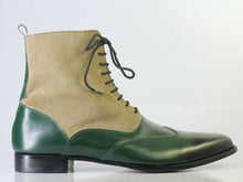 Load image into Gallery viewer, Bespoke Beige Green Wing Tip Lace Up Boots for Men - leathersguru
