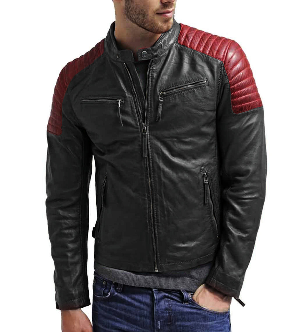 Men Black Red leather jcket, Motorbike Designer Leather For Men
