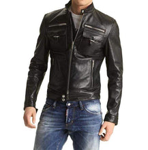 Load image into Gallery viewer, Men&#39;s Biker Leather Jacket, Slim Fit Pocket Leather Jacket Men&#39;s, Men Fashion Black Jacket - leathersguru
