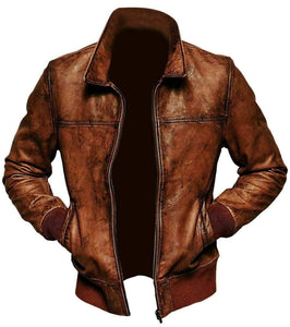 Mens Vintage Distressed Brown Bomber Winter Leather Biker Jacket - leathersguru