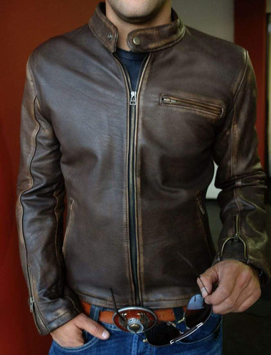Men's Biker Vintage Motorcycle Distressed Brown Cafe Racer Leather Jacket - leathersguru