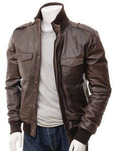 Men's Brown Bomber Leather Jacket, Zipper Closer Genuine Leather Jacket - leathersguru