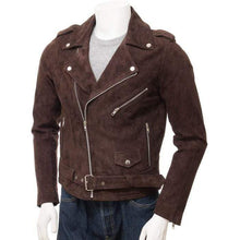 Load image into Gallery viewer, Men&#39;s Brown Suede Biker Motorcycle Fashion Belted Jacket - leathersguru

