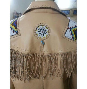 Men's Cowboy Leather Jacket Western Coat Fringes, Beige Color Cowboy Jacket For Men - leathersguru