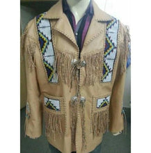 Load image into Gallery viewer, Men&#39;s Cowboy Leather Jacket Western Coat Fringes, Beige Color Cowboy Jacket For Men - leathersguru
