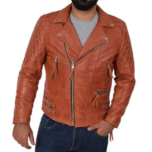Load image into Gallery viewer, Men&#39;s Cross Zip Biker Leather Jacket Cognac Tan, Fashion Casual Outwear Jacket - leathersguru
