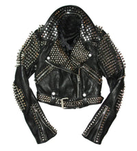 Load image into Gallery viewer, Full Black Punk Brando Silver Spiked Studded Cowhide Leather Jacket - leathersguru
