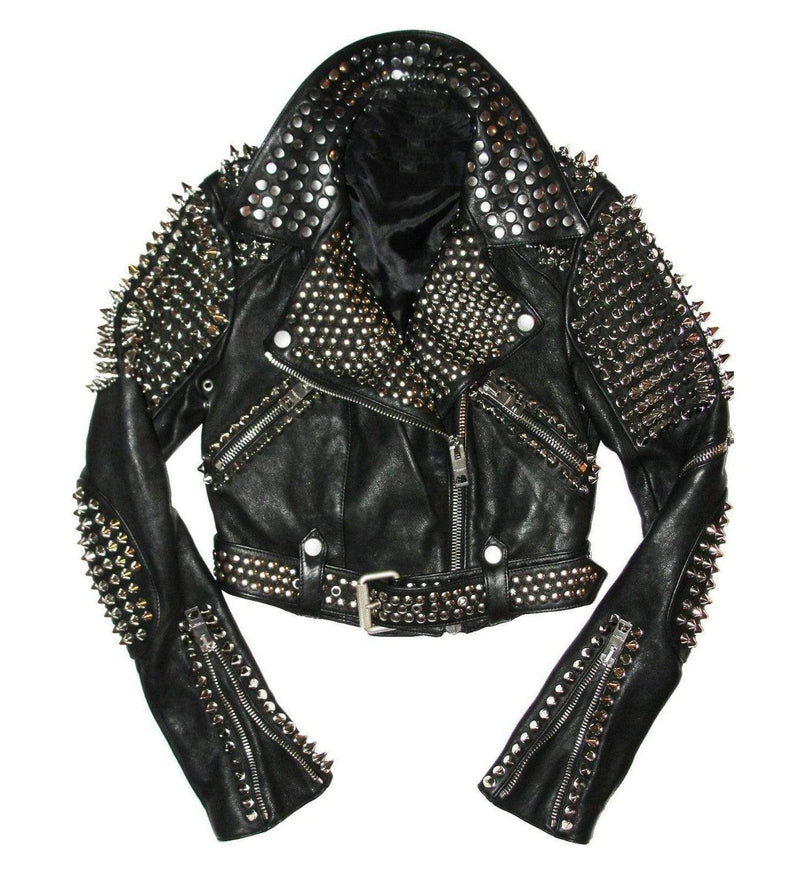 Full Black Punk Brando Silver Spiked Studded Cowhide Leather Jacket - leathersguru