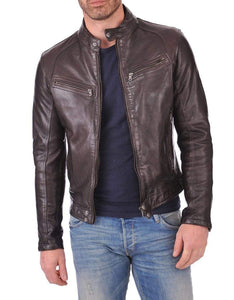 Men's Genuine Lambskin Leather Brown Bomber Slim Fit Biker Leather Jacket Coat - leathersguru