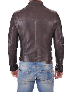 Men's Genuine Lambskin Leather Brown Bomber Slim Fit Biker Leather Jacket Coat - leathersguru