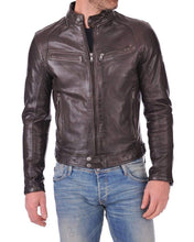 Load image into Gallery viewer, Men&#39;s Genuine Lambskin Leather Brown Bomber Slim Fit Biker Leather Jacket Coat - leathersguru
