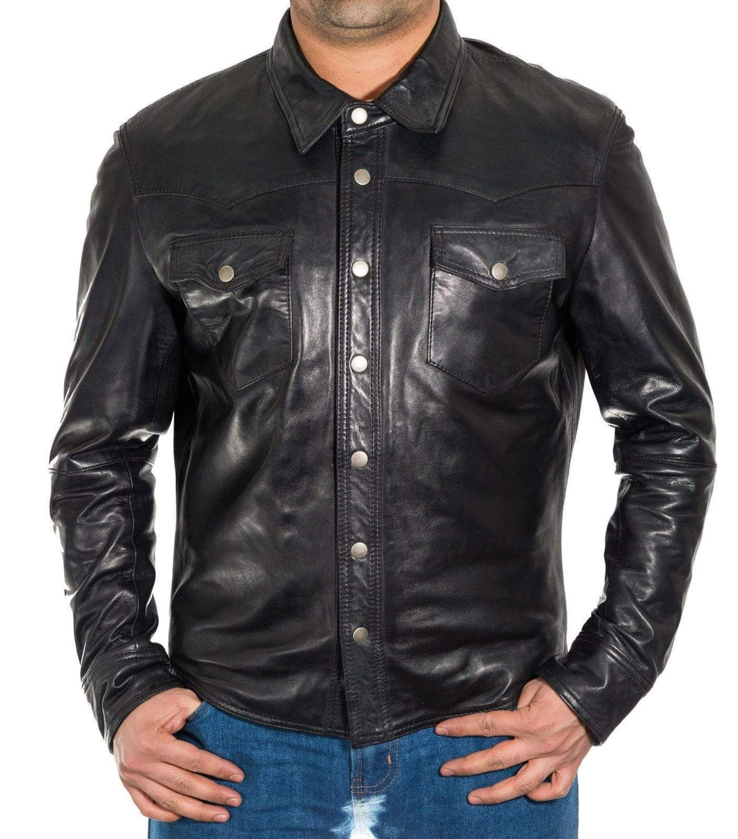 Men's Genuine Black Lambskin Leather Shirts Slim fit Police Military Style Shirt - leathersguru