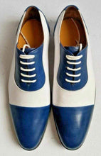Load image into Gallery viewer, Handmade Men&#39;s Leather White Blue Cap Toe Shoes - leathersguru
