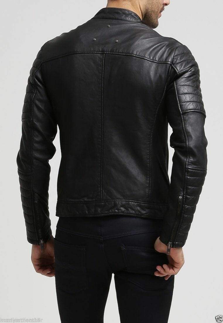 Men's  Black Stylish Slim Fit Genuine Lambskin Real Leather Biker Jacket - leathersguru