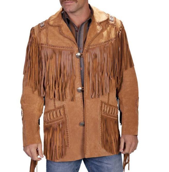 Men's New Tan Brown Western Suede Cow Leather Jacket Fringes, Cowboy Jacket - leathersguru