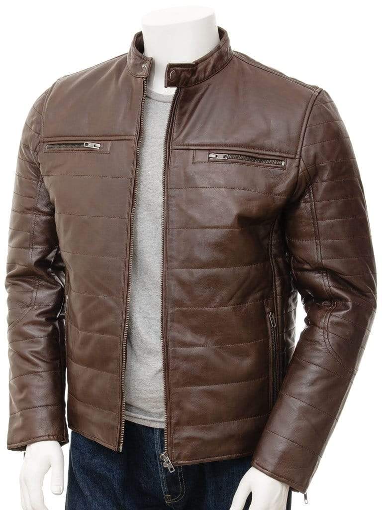 Mens Quilted Leather Jacket in Brown , Dress Fashion Genuine leather jacket - leathersguru